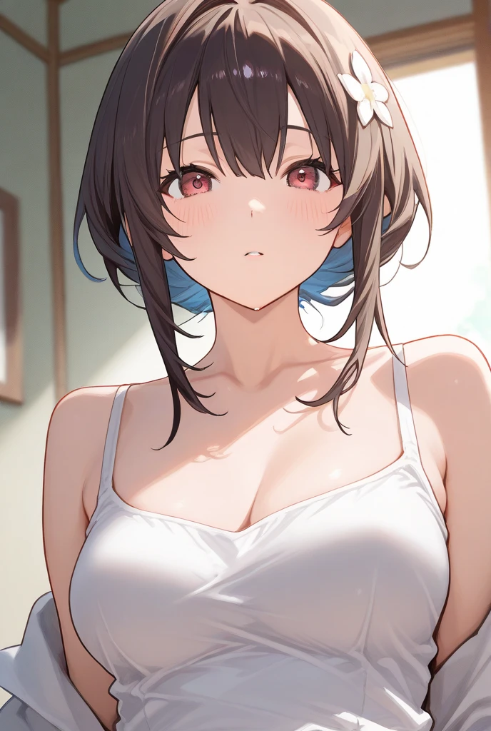 1girl,solo,retina,masterpiece, Awards, high quality, High resolution, HD, 4K,8K,high quality, rough skin,breast focus,depth of field,(line drawing:1.1),(large breasts:1.3),faint smile,oily skin,Relative to the girl,underside of breasts,(mochi shaped breasts:1.2),(closeup upperbody:1.5),white clothe,perspective,baby face,(short height,petite:1.3),camisole,,(from directly front:1.3)