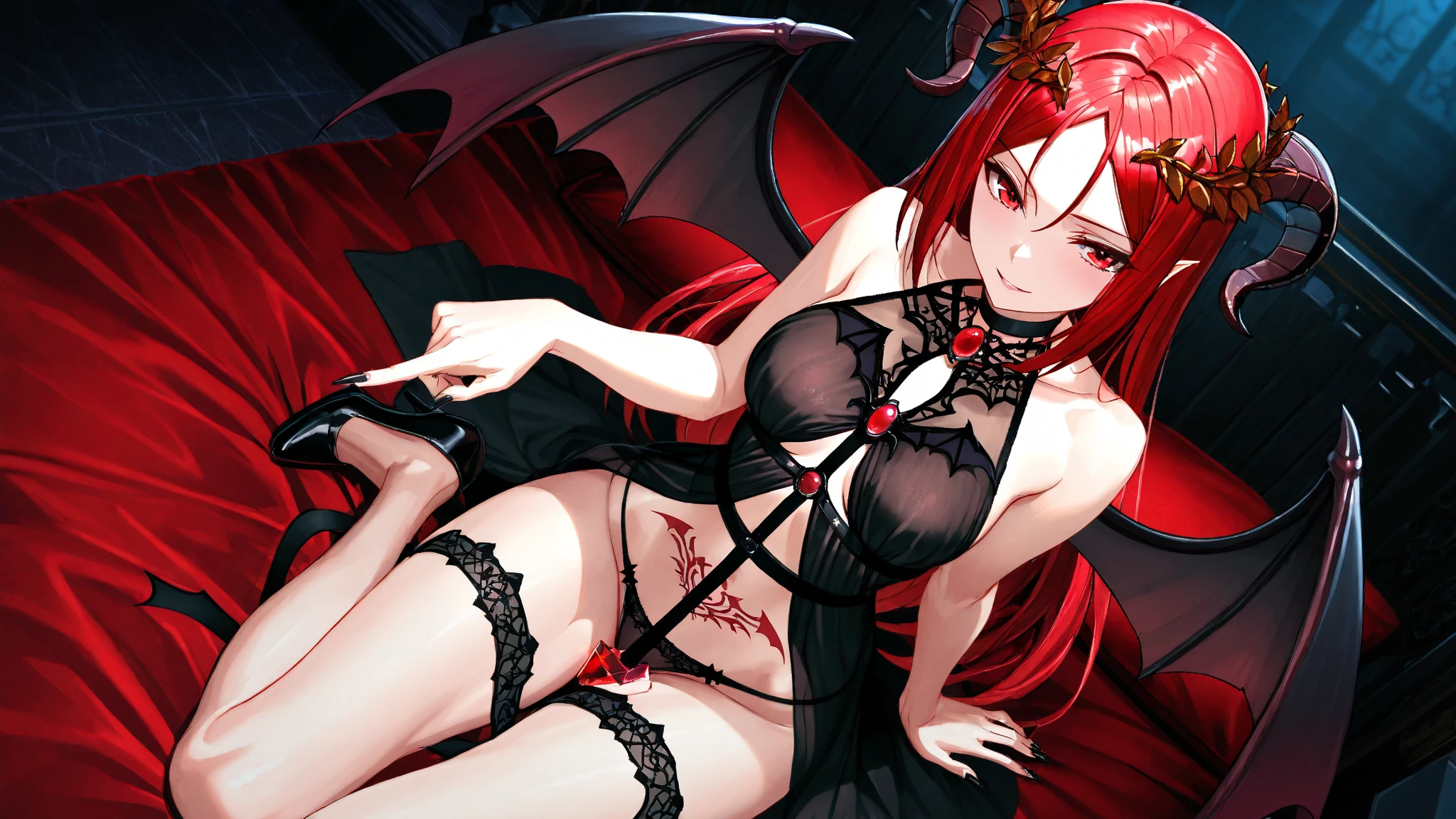 (masterpiece), (8k render quality), best quality), demon girl with pantyhose, fetish feet showed to viewer, naked abs, red hair, scared face, demon wings, red skirt, blushing, sex room background, view from feet