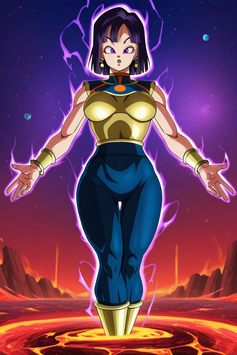 Saiyan, purple hair combed back, green eyes,slim, thin waist, wide hips, brown skin color, medium breasts, saiyan armor, goddess of destruction (dragon ball super),hakai, hakai power, super saiyan, purple rays