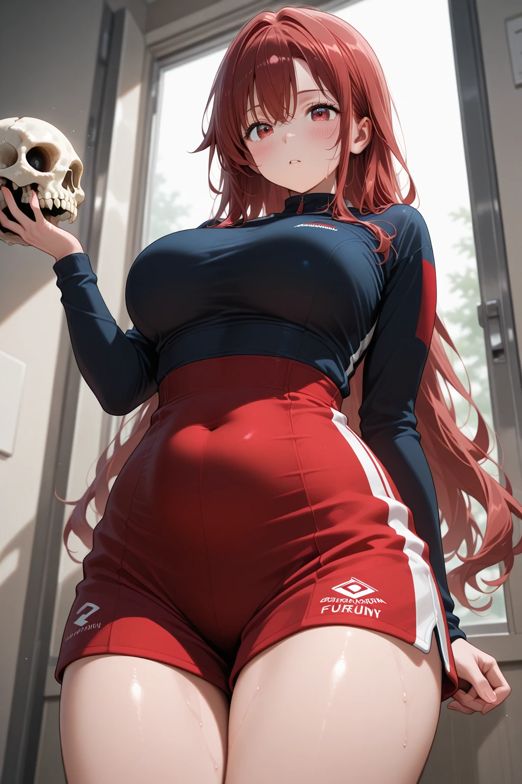(8K,Highest quality,masterpiece:1.2),(detailedな瞳),(detailed),(detailedな手指),High quality CG Unity 8k Huge file size,Two arms、Two hands、Ultra fine,High resolution,Beautiful Eyes,woman、Ray Tracing,Dramatic Shadows,delicate,Hyper Detail,((Volleyball Player))、Bloomers、Red Hair Long Hair、gigantic breast、Big Ass、Big thighs、(Very wet)、Cowboy Shot、Blushing、(Facing the front of the body)、((squat))、very hot、Sweat a lot、(((White Breath)))、(((Haa)))、Embarrassing、((View your viewers))、((Spread your legs wide))、(Keep your hands behind your head)、(I can see my belly button)、(Show your side)、Composition looking up from a little below.、(Simple Background)、Purse your lips