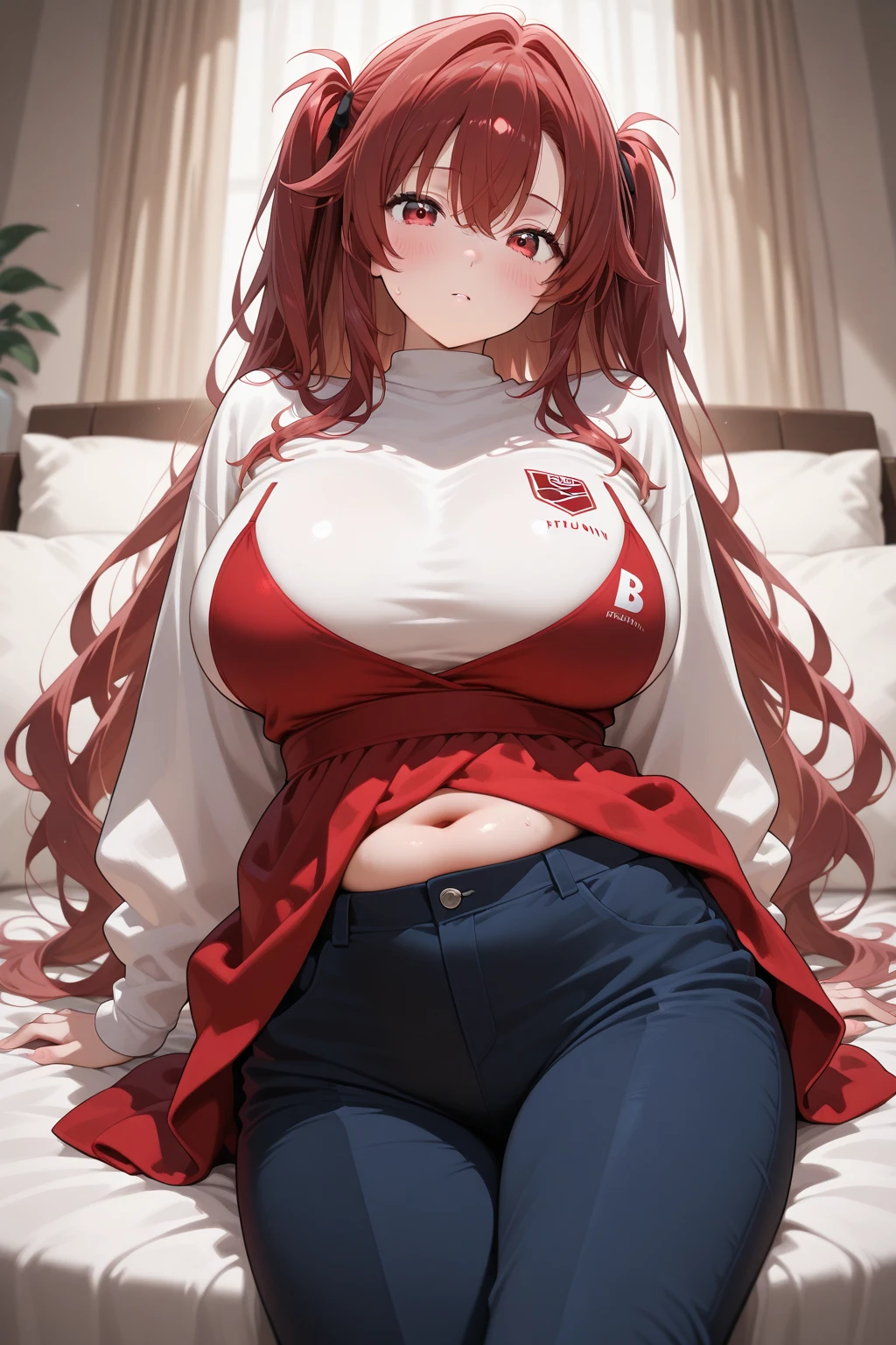 最高masterpiece、high resolution, Large Breasts, Voluminous, messy, light red hair, masterpiece , hd, Head to Chest, Put in your chest、 tooth、Double teeth,, On the bed、Thick thighs、Grinning、Sports Bra、Open your mouth、Hooded jacket、Big Breasts、Ecstasy