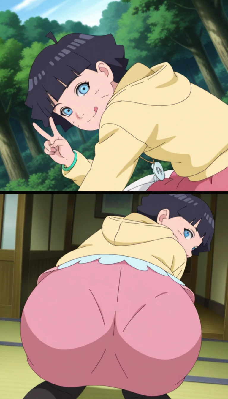 1girl, himawari, tight yellow hoodie, short pink skirt, tight black stockings, thick and juicy thighs, round and extremely fleshy ass cheeks, wide hips, indoors, masterpiece, best quality, detailed