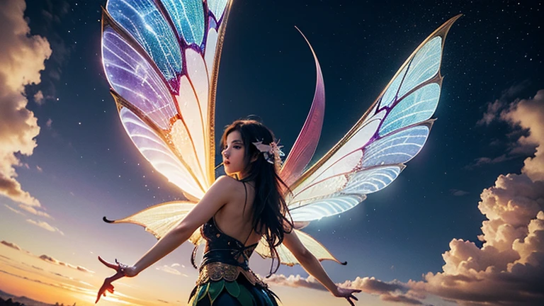 best quality, masterpiece, full shot, full body, nude aerial shot of (fit beautiful female winged greek wizard wearing ornate blue and gold dress) 1girl, short woman, brown hair, blue eyes, long hair, floating high above the stratosphere of the world in space, posing, power pose, halo, (golden_glow:0.8) (white (angel:0.7) (violet rainbow_butterfly_wings:1.1) attached to her shoulder blades:1.1), haughty expression, looking into the distance, flying in an intricate detailed vivid starfield, comets and (psychedelic nebula:1.2) in background, (ripped:0.3) and toned body, (muscular female:1.0), (night:1.2), dublex vivid vibrant dark detailed HDR galactic background, (god rays:0.4), streaks of light, side lighting, vibrant colors (photorealistic:1.2), (film grain:1.0), Highly detailed cinematic film still from Gravity 2013, <hypernet:mjv4Hypernetwork_v1:0.5> <hypernet:sxzCinematic_1000Strongest:0.5> <lora:doubleExposure LoRA300:0.75>