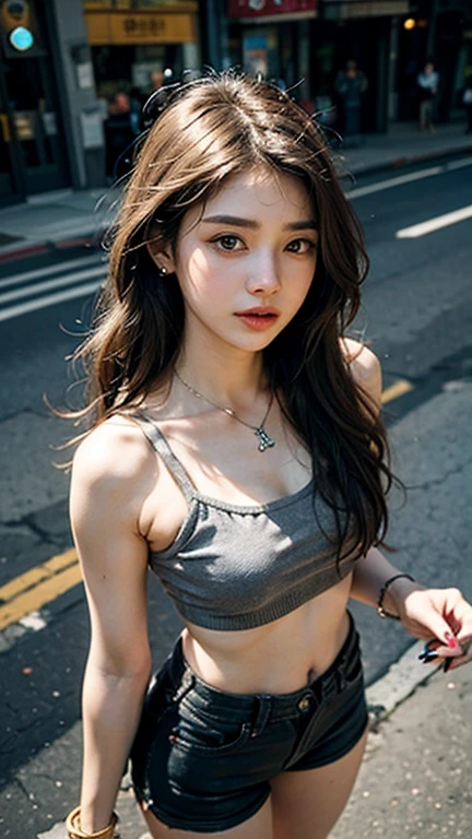 beautiful girl，On the streets of the city，Exposes the entire abdomen，Cover your chest with a small towel，wear，no underwear