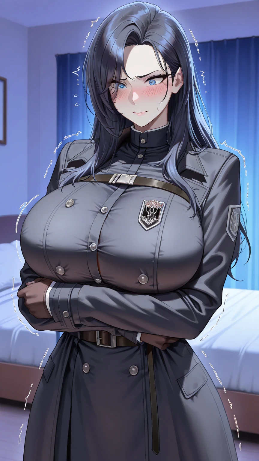 A girl who wears military clothes, brown heirs, gigantic breasts, anime cartoon, german third reich, long heirs,((highest quality)), ((masterpiece)),details, bleu eyes