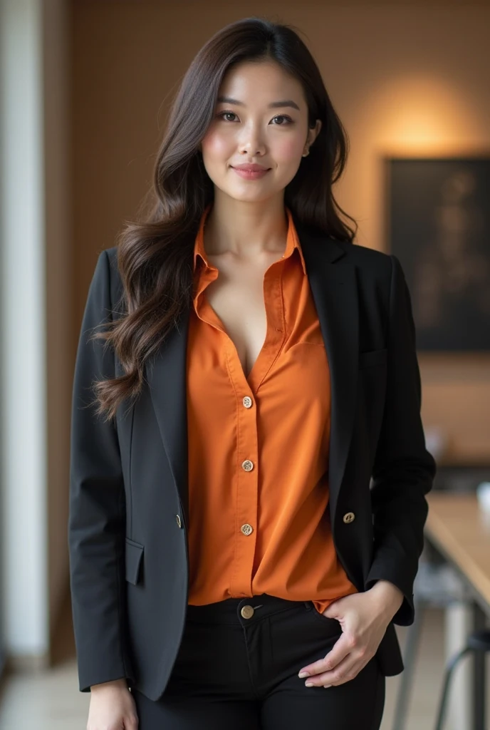 Half-length glamour portrait, nikon D850, f1.6 lens, 200mm, DSLR, 22 Megapixels, (((Stylish lounge area scene))), shot of a stunning 19 years old korean girl, (smile:1.4), (wearing Orange tweed pantsuit with Electric yellow silk blouse:1.6), ((seductive pose)), hot girl, (((big natural breasts))), (((black fringe hair))), (small girl), symmetrical face, photorealistic, photography, (bright natural lighting), gorgeous, deep cleavage, (masterpiece), best quality, high resolution, extremely detailed, cinematic lighting, (((very narrow waist))), rich colors, hyper realistic, lifelike texture, ((jewelry)), (((She has beautiful hands and wears rings))), (bracelet), (necklace), (ankle chain), (nail polish) (earrings), Fuji Superia 200, 8k