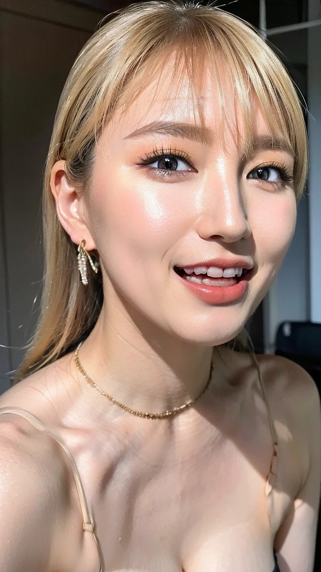 a beautiful blonde japanese gal with big breasts, 比基尼, smile、a well-trained body, oily body,Shiny skin, trained abdominal muscles, earrings, navel piercing, necklace, bracelet, Full body photography、(best quality, 4K, 8k, highres, masterpiece:1.2), ultra-detailed, (realistic, photorealistic, photo-realistic:1.37), hyper detailed, extremely detailed, intricate details, sharp focus, physically-based rendering, professional, vivid colors, studio lighting