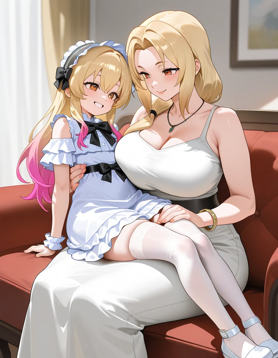 best picture quality,Empty expression,Positive face,Delicate facial features,long hair,Open your mouth slightly,Stick out your tongue and drool,Big breasts,Sitting on the bed,maid outfit bare shoulders,Good looking body,big white legs