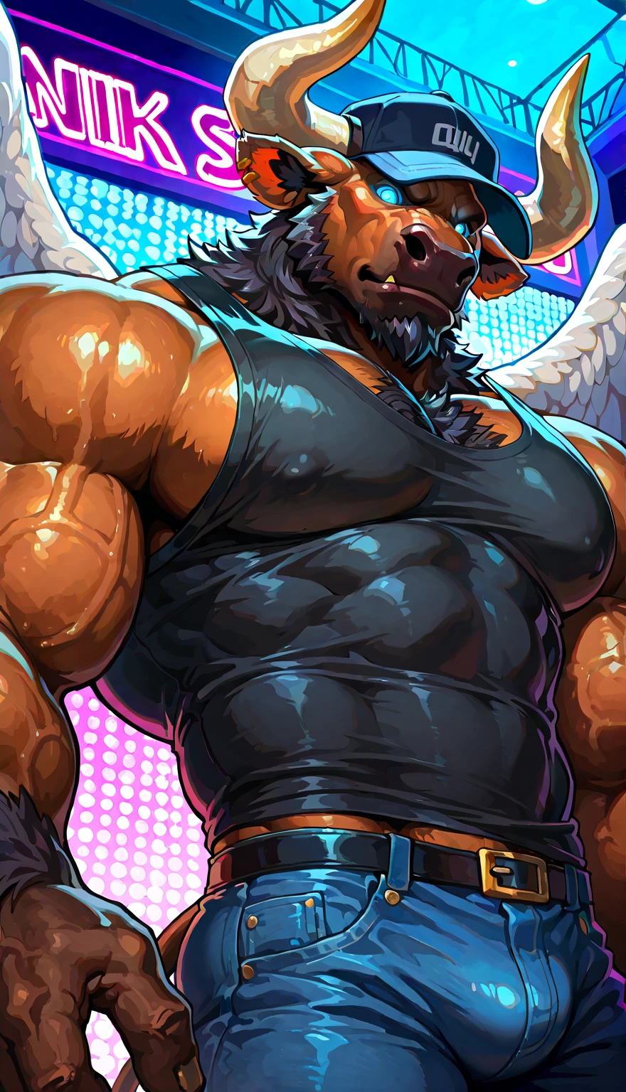Hyper is a hypnotized bouncer minotaur at a ! Solo, alone, A big dumb hunky jock minotaur who wears a baseball cap whose rim covers his glowing eyes and looks tough! Muscular , black muscle tank top with the word "OBEY" inscribed in white over the in front and shoulders on back, tough and stupid while on guard duty, night time , pleasure island bar, front view , low angled view, first person hug , best Quality, high quality, ultra high resolution, Fine Eyes, Exquisite Face , stage performers, handsome, Chest muscles, hair, Abdominal muscles, tight blue jeans, neon lights, bar, null-ghost,Takemoto Arashi, Sexy, Muscle Development, hair, Abdominal muscles, bull tail , bull hooves, Hyper from visual novel "Wolfstar: Sins and Paradise". Hyper from Wolfstar: Sins and Paradise the visual novel score_9, score_8_up, score_7_up, Best Quality, high quality, Ultra High Resolution, fine eyes, exquisite face, bull horns, , muscles , Muscular development , muscle line, Thick Muscle , minotaur, short spiky black hair, hair , minotaur head, ultimate warrior pattern facial fur, intense glowing Blue Eyes ,handsome, Spectacular, fine eyes, strong jawline, short black goatee, bull, Five-Toe , Fluffy fur ,null-ghost,Takemoto Arashi, bara pecs, focus on pecs, muscles, muscular male), set of giant light blue angel wings, Highest Quality, 4k, masterpiece, solo, Amazing Details, highly detailed face, no defects, solo, alone, no watermark, no defects, no watermarks, perfect hands. Dazzling lights, special effects, stage show, Amazing Details, highly detailed face, no defects, no watermarks, perfect eyes.