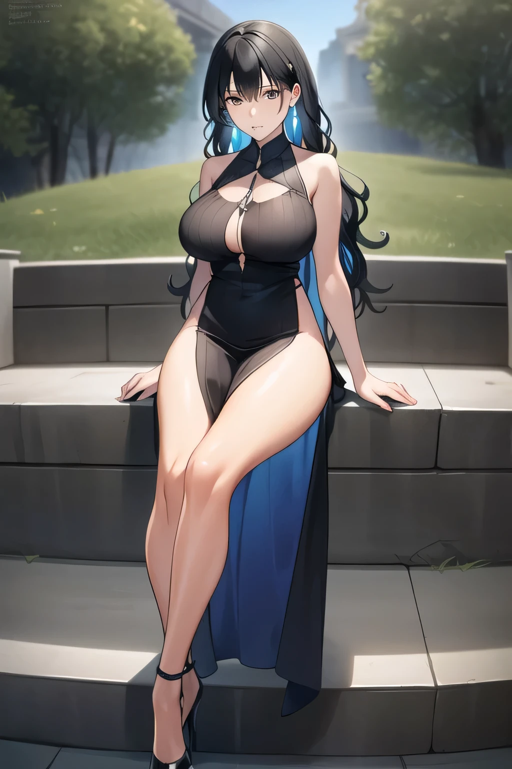 masterpiece, ultra high-quality, extremely detail 8k cg, high resolution, 1girl, yuugao, solo, purple hair, long hair, sidelocks, ponytail, brown eyes, perfect eyes, thin body, huge breasts, bursting breasts, evening gown, halterneck, criss-cross halter, high heels, choker, beautiful face, outdoors, garden, night time, full shot photo, full body