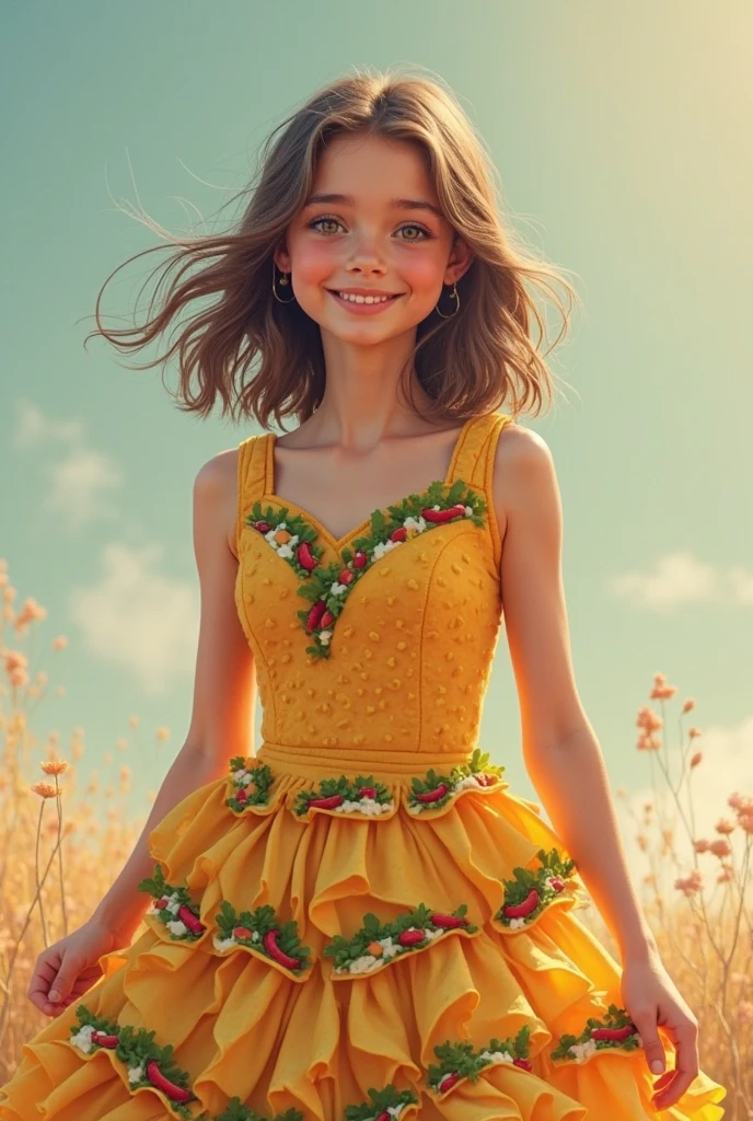 a happy StefaniaOwen in a (flower forrest with green grass), (freckles:1.3), (petite:1.2), wearing choker and sexy yellow ballerina dress, suggestive pose, happy,