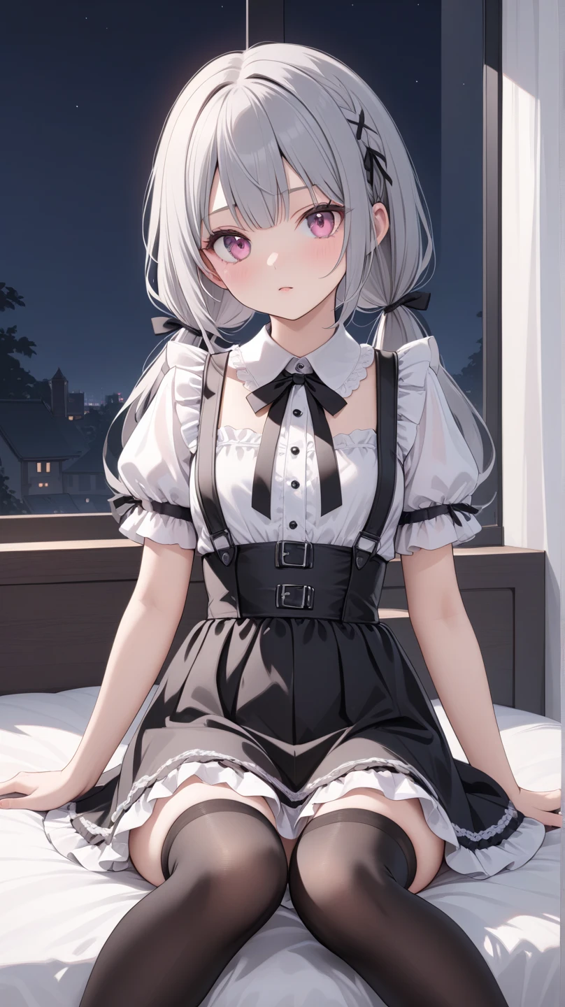 White hair,cat ear,Pink eyes,Light blue Lolita,White tights,pink bows,inside in room,kneeling on a bed,Lace,Seductive pose,M legs,leg wide open,pantiess,suspender stockings,Harnes, your ass,your legs,Be red in the face,Desire for dissatisfaction,gasps