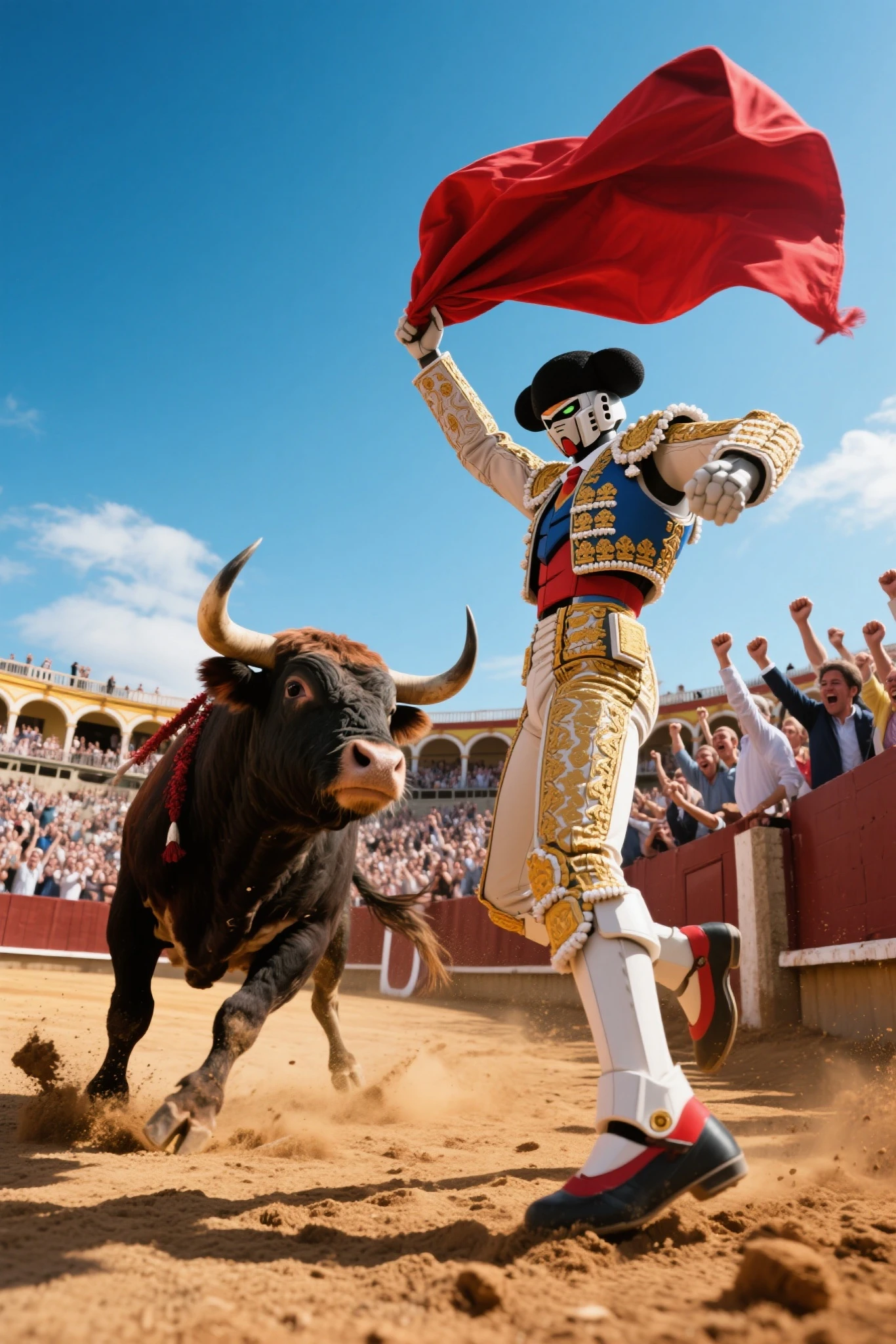 Spain. Bullring.
Gundam is dressed as a bullfighter, elegantly poised with a red cape in hand.
The bull kicks the dirt, ready for battle with full energy.
The audience is extremely excited, raising their fists and cheering.