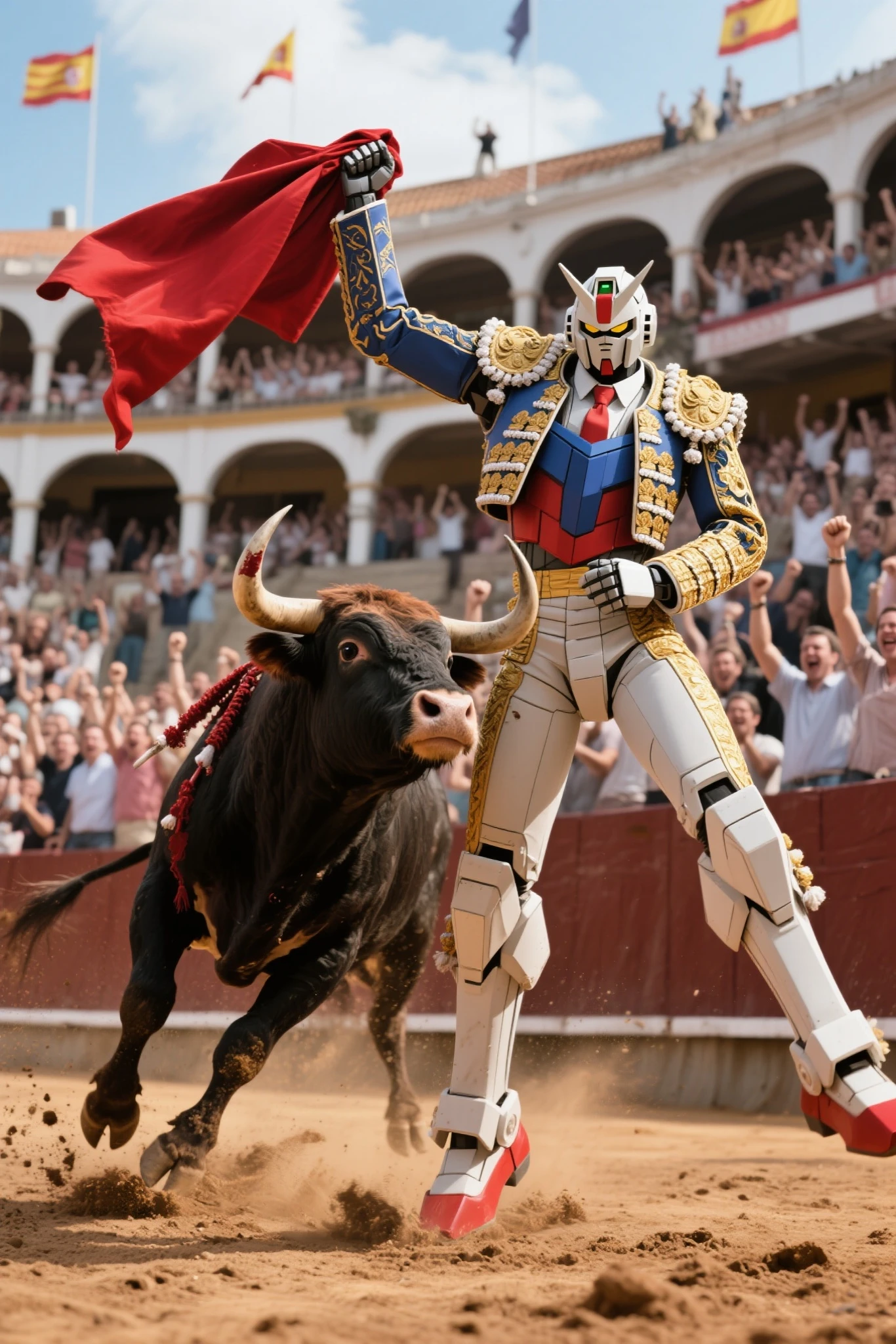 Spain. Bullring.
Gundam is dressed as a bullfighter, elegantly poised with a red cape in hand.
The bull kicks the dirt, ready for battle with full energy.
The audience is extremely excited, raising their fists and cheering.