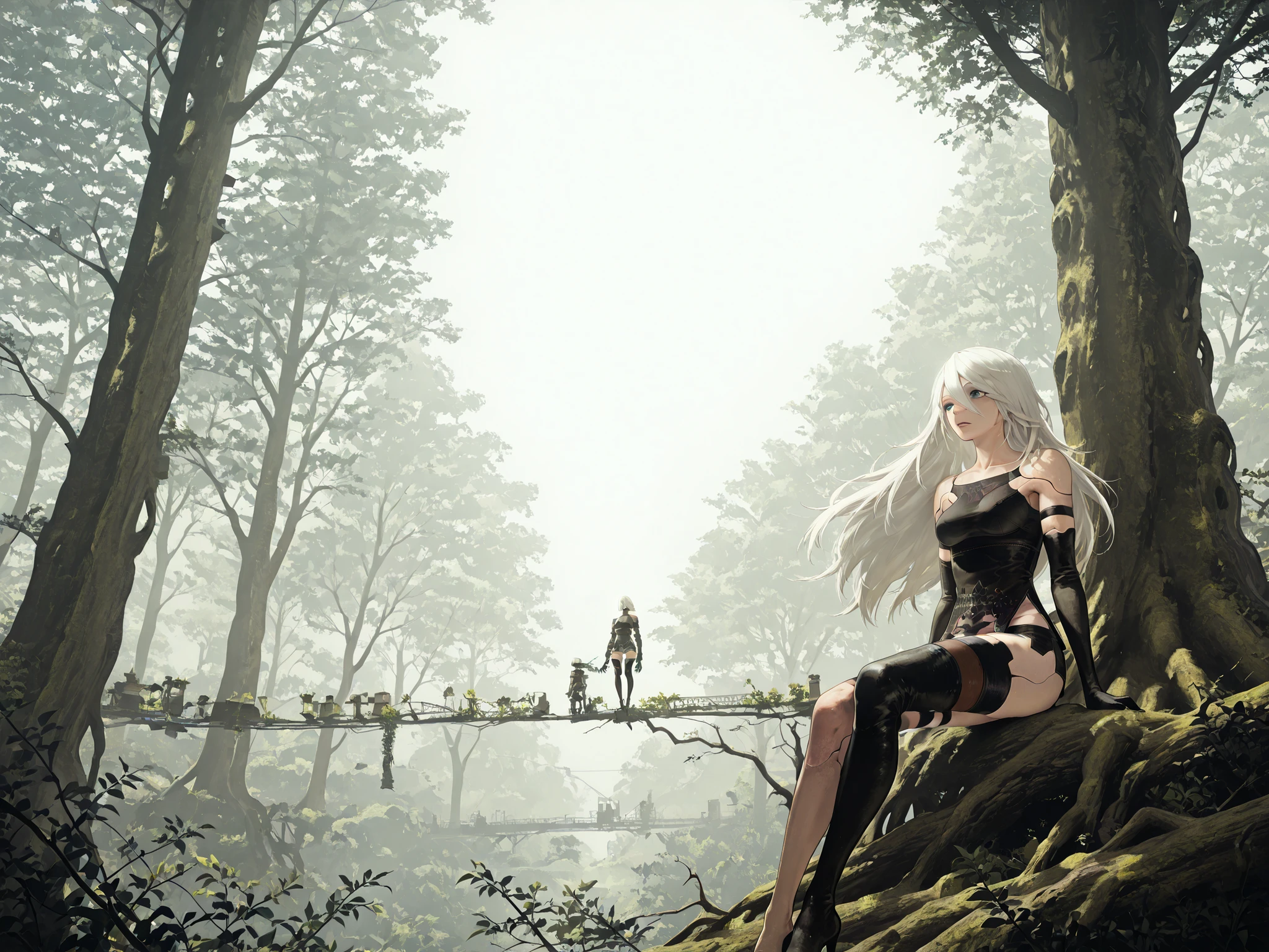 a2_\(nier:automata\),scenery, nierscene, in a forest, sitting on the branch of a tree, looking wistfully into the distance, Dutch angle