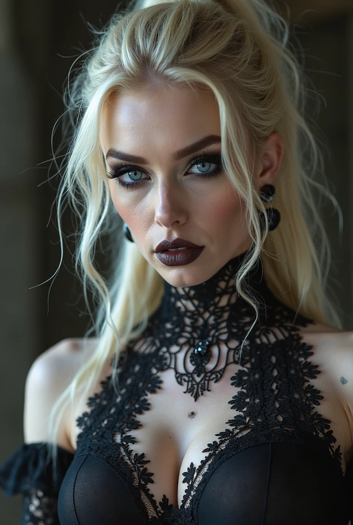 Create an image of the most stunningly gorgeous beautiful perfect sexy tattooed hrgiger girl, high detailed sexy stunning face, perfect makeup, large lips, lipstick,beautiful perfect body, bdsm lingerie , long luscious hair, perfect breasts, thin waist, curved hips, clean shaved pussy, detailed perky nipples, detailed smooth skin,