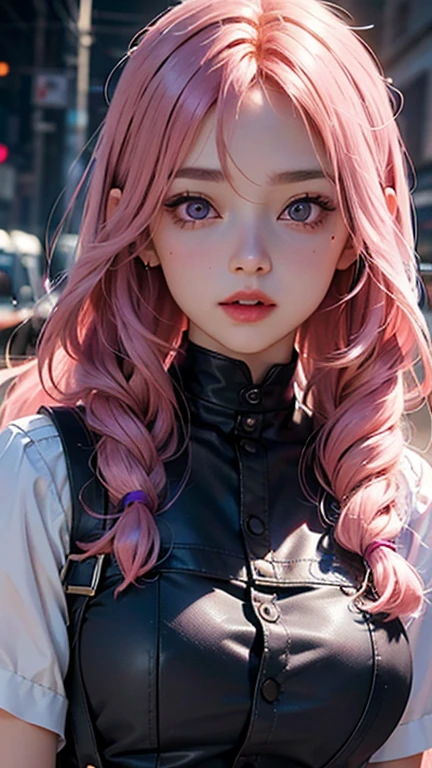 Masterpiece, Best quality, Night, full_Moon, Cityscape, Realistic, Photo, Real, Huge_filesize, the wallpaper, album, Girl, Long hair, Pink hair, Disheveled hair, Wavy hair, Beautiful detailed eyes, Light smile, Blue eyes, Medium breasts, Sailor dress, Sweater dress, Miniskirt, Black pantyhose, Loafer shoes, shackle, fingerless_mitts, Collar, lap_pillow head, nipple tweak_thigh high,