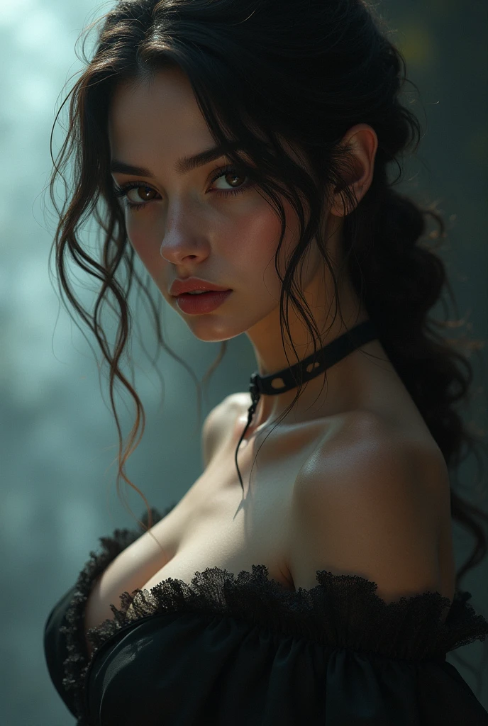 A sexy woman with seductive eyes, showing a hint of cleavage, bending forward through a car window, captured in the enchanting night time with raindrops gently falling. The artwork is an exquisite oil painting featuring vivid colors and ultra-detailed brushstrokes. (best quality,4k,8k,highres,masterpiece:1.2),ultra-detailed,(realistic,photorealistic,photo-realistic:1.37) Medium: oil painting, capturing the woman's alluring gaze and captivating presence. The woman's eyes and face are depicted with exceptional attention to detail, emphasizing her alluring gaze, long eyelashes, and beautifully detailed lips. Her captivating stare instantly captures the viewer's attention, while her confident posture exudes allure and sophistication. Her flowing hair cascades down her shoulder, adding a touch of movement to the scene. The raindrops on the car window create a sense of mystery and sensuality, adding an extra layer of intrigue to the composition. The lighting in the painting beautifully enhances the woman's features, highlighting her seductive nature and intensifying the overall allure of the composition. The vibrant colors used in the artwork bring it to life, with rich hues of deep purples and blues contrasting with warm golden tones. The brushstrokes are meticulously applied, giving the painting a textured and tactile quality. The overall atmosphere of the painting is moody and atmospheric, with a dreamlike quality that transports the viewer into this seductive and enchanting night scene.