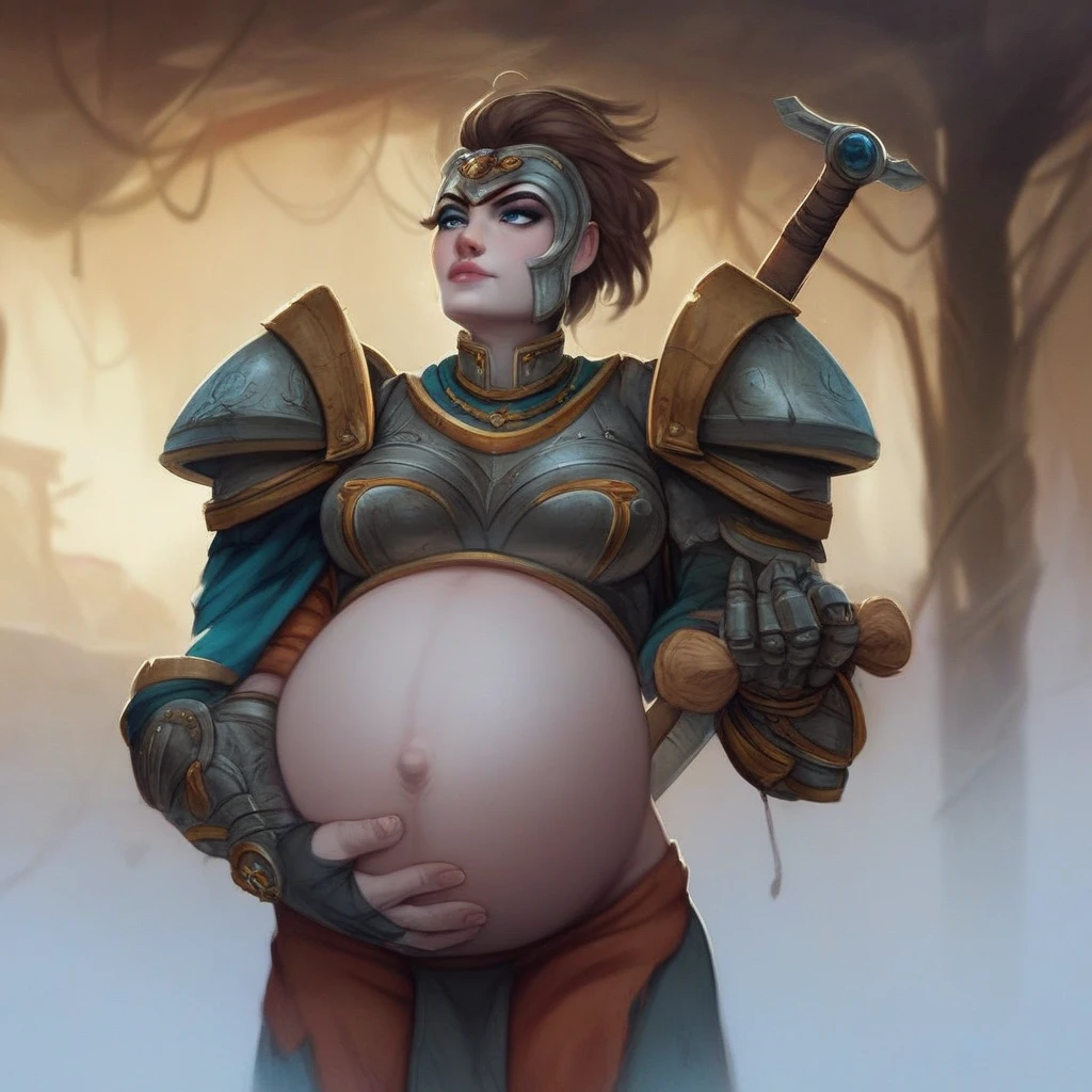 attractive medieval warrior woman, circa 1500s, inside castle on scotland countryside, short brown hair, blue eyes, midriff, pregnant belly, huge hips, huge cleavage, biting teeth expression, blacksmith