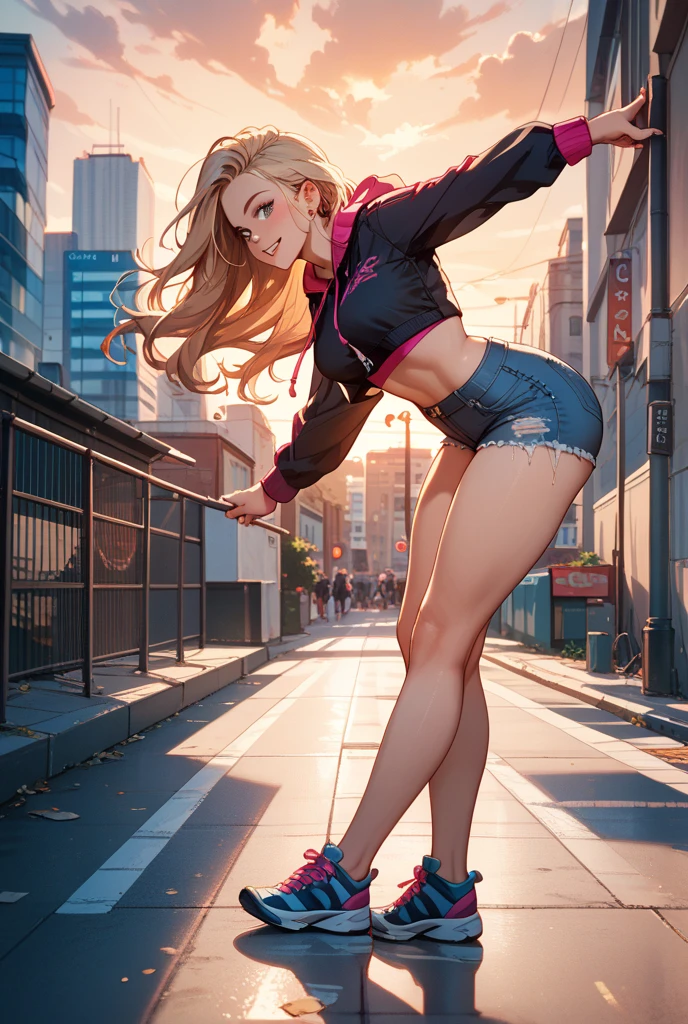 Best Quality, masutepiece,  High resolution, (Anime Heroine Illustration), Anime Paint, 1beautiful girl ,Dynamic Angle,Women's Skateboarder,small head,Large breasts,nice legs, Glowing skin, Sweat,At the skateboarding venue ,Cool,From below