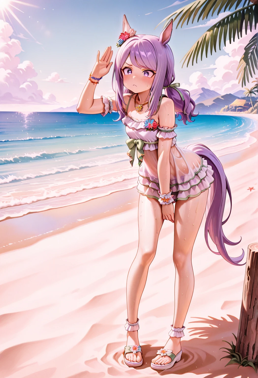 score_9, score_8_up, score_7_up, score_6_up, source_anime, 2d, 1girl, 1boy, leaning back, on towel, male, happy, (grindsex), penis, pussy, cowgirl position, squatting, motion lines, (grinding), nude, detailed background, ((floral print bikini)), breasts out, nipples, moaning, beach background, gh1bl1, noelle from genshin, side view, (sun hat), pubic hair, pussy juices, precum,