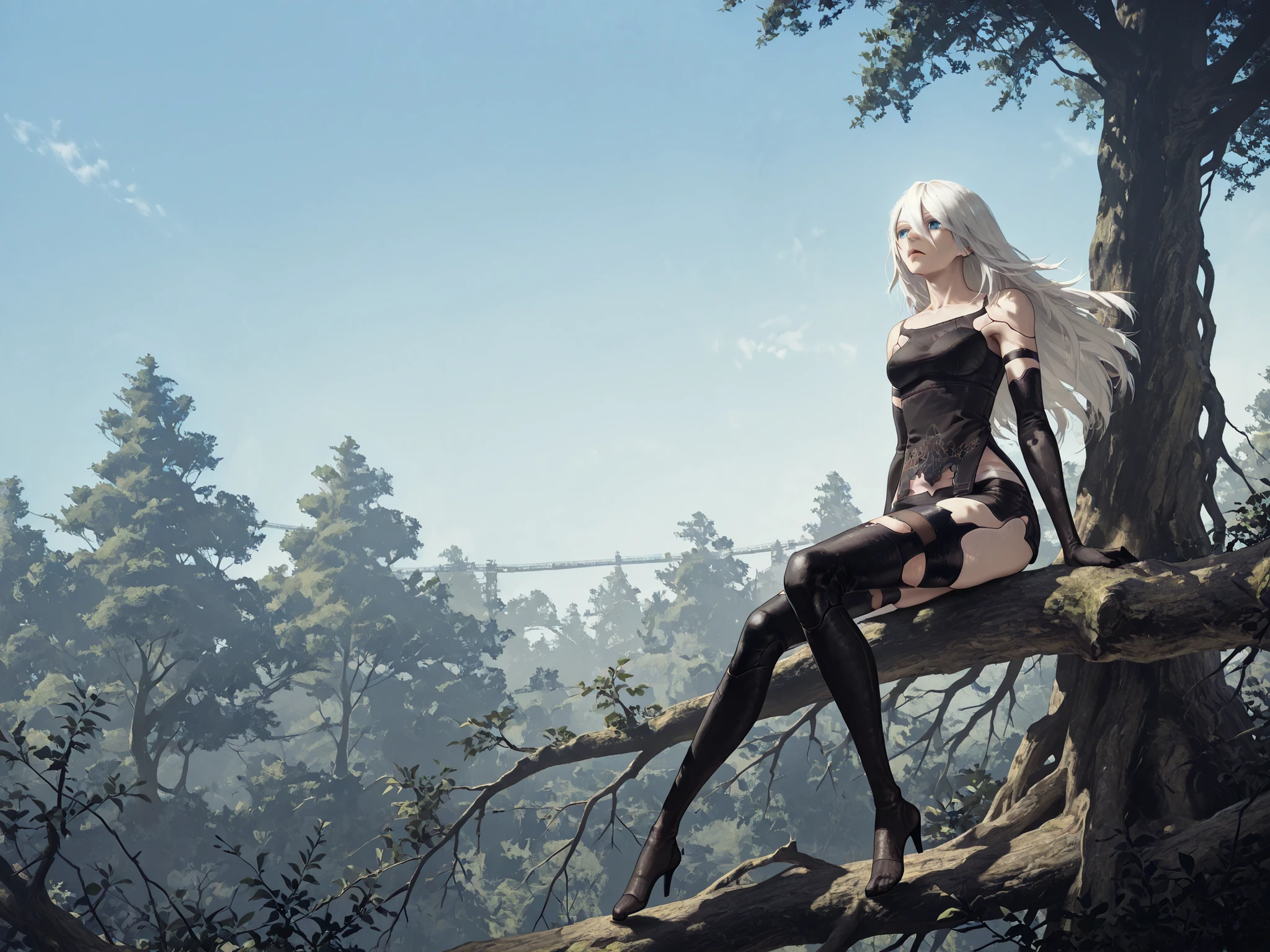 Solo, alone, a2_\(nier:automata\),scenery, nierscene, in a forest, blue sky, sitting on the branch of a tree, looking wistfully into the distance, Dutch angle