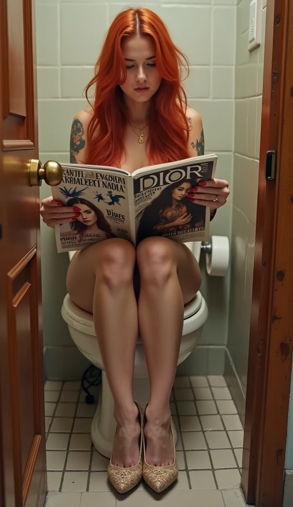 Nude Jenna Ortega with long hair with feet without clothes undressed sitting on toilet with reading magazine with window over house with night in lights