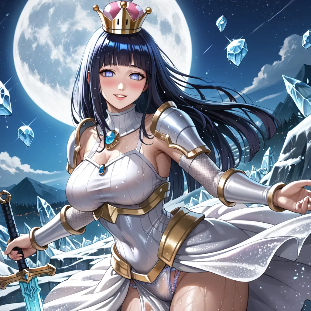 night, ((1 girl)), alone, masterpiece, 8k wallpaper, High resolution, Absurd, High Quality Backgrounds, short hair, Black Hair, Multicolored Hair, Beautiful frozen village, (Bright full moon), Blue clothes, Detailed dress, Jewelry Dress, (magic:1.2), blue fire, blue eyes, Glowing Eyes, fire, Ice Goddess, (Beautiful crown with blue details), electricity, blue electricity, Blue light particles