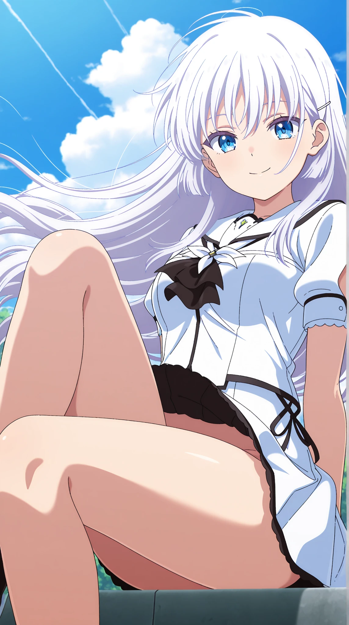 ,1young_teen_ girl,brown_hair,medium_bob_hair,platina_blond_hair,white_leotard,covered_crotch,thigh-highs,smile,standing,bluesky_landscape_background,slightly_spread_legs,happiness, short_gloves ,solo, r18, navel,relicbuster,short,boots,open_mouth,sitting,knees,bunny_ears