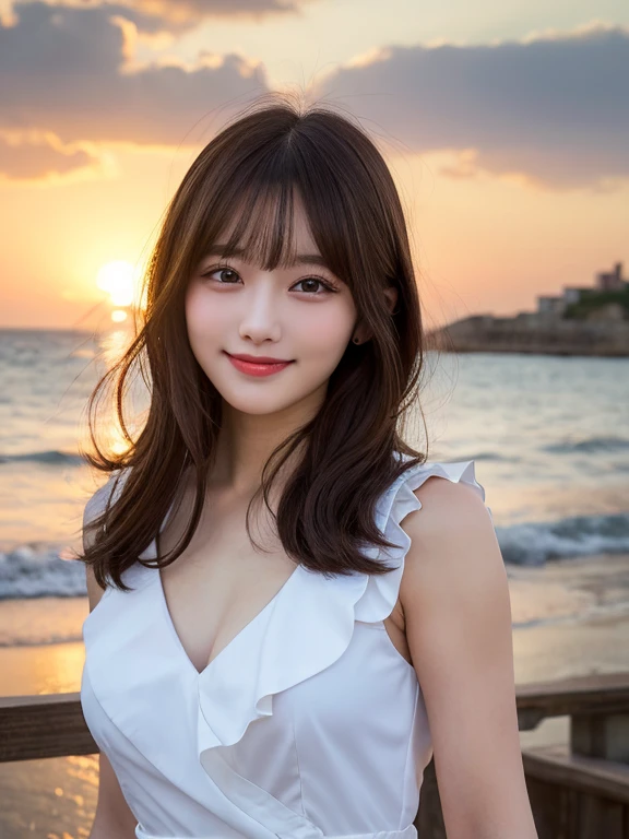 A very cute face like an idol、Looks like a young face、20-year-old female、Gentle and cute、A kind smile、Cleavage、one piece、Beautiful sunset on the beach、A toast with beer、whole body、RAW Photos、Genuine、Artistic、Real Stick、High resolution、Genuine Life、No copyright notice