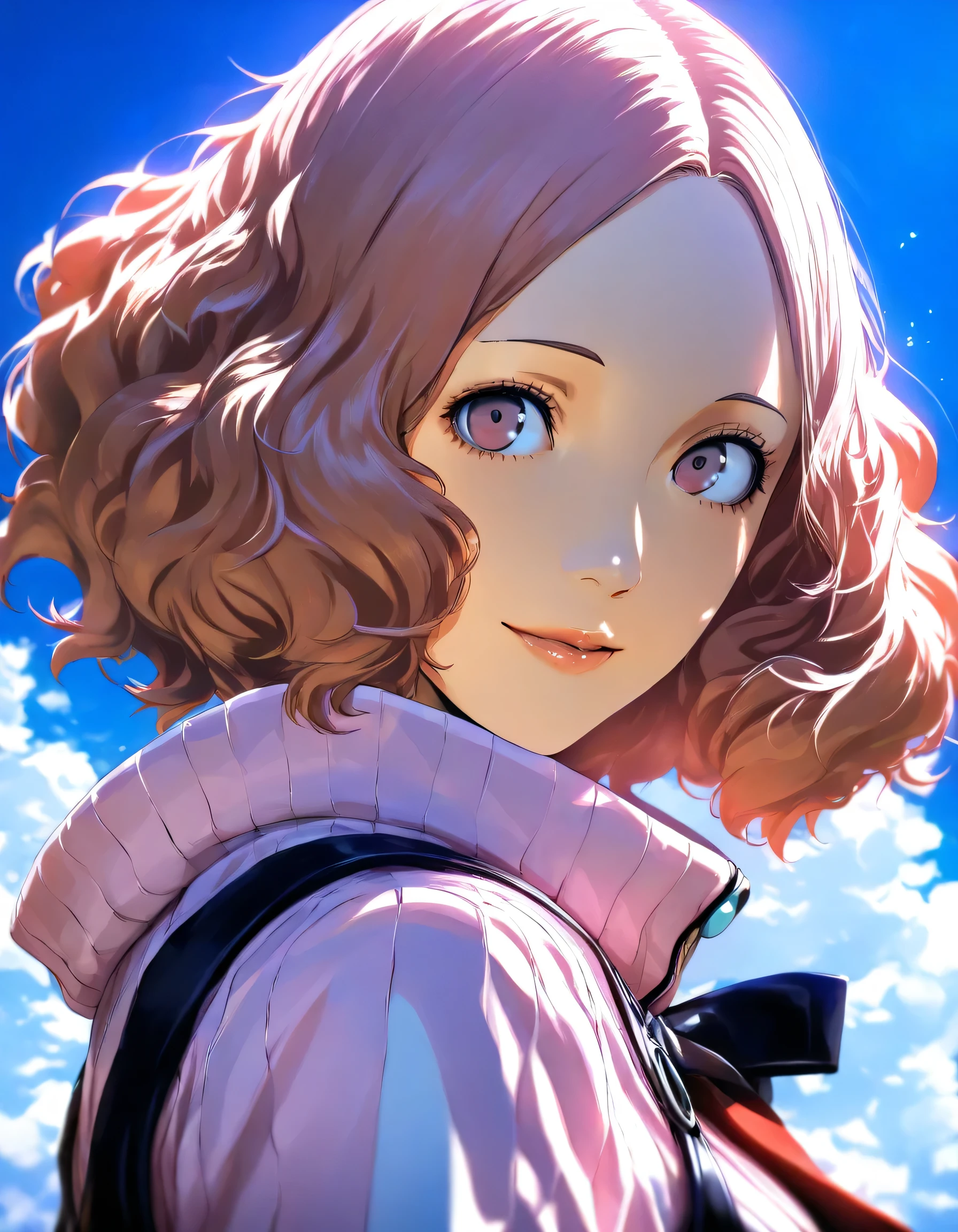 1girl, okumura haru, persona, year 2019, upper body, persona3 reload, blue sky, masterpiece, high score, great score, absurdres, 16k, Ultra detailed, (photorealistic : 0.5)