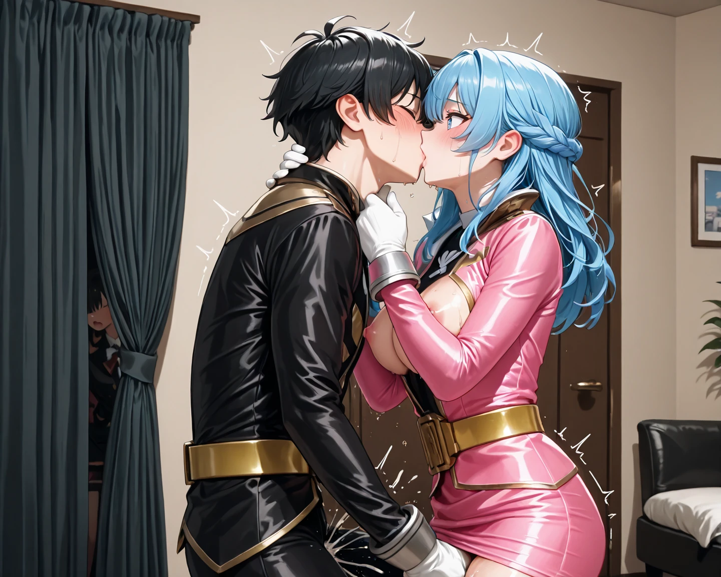 Masterpice, best quality, 8K, photo realistic, star ocean 3, star ocean: till the end of time, (((beautiful Maria Traydor, beautiful eyes, gorgeous face, ((Maria Traydor‘s outfit)), (black pantyhose), (Maria Traydor‘s hair), blue hair, round and big eyes, green eyes, (white jacket), (black shirt), (black skirt), black boots, (armor), black long fingerless gloves, no undressing))), full body, (she has ultra huge breasts:1.7), she has beautiful small nipples, underboob, she has big ass and seductive thighs, muscular, (baby face:1.2), (heart face:1.2), break, 
(nsfw:1.3), (1boy and 1girl, hetero:1.5), having sex, (creampie:1.5), she has vagina, he has penis, (clothing aside, penetration:1.7), (open her legs:1.2), (slut:1.2), (tear:1.6), (sweat:1.4), (cry:1.9), (orgasm face:1.5), (surprise:1.2), (tongue out:1.7), (smile:0.2), obedience, sex slave, break, (standing, draw close to each other, missionary position, embracing, Pressing each other's bodies:1.5), side view,