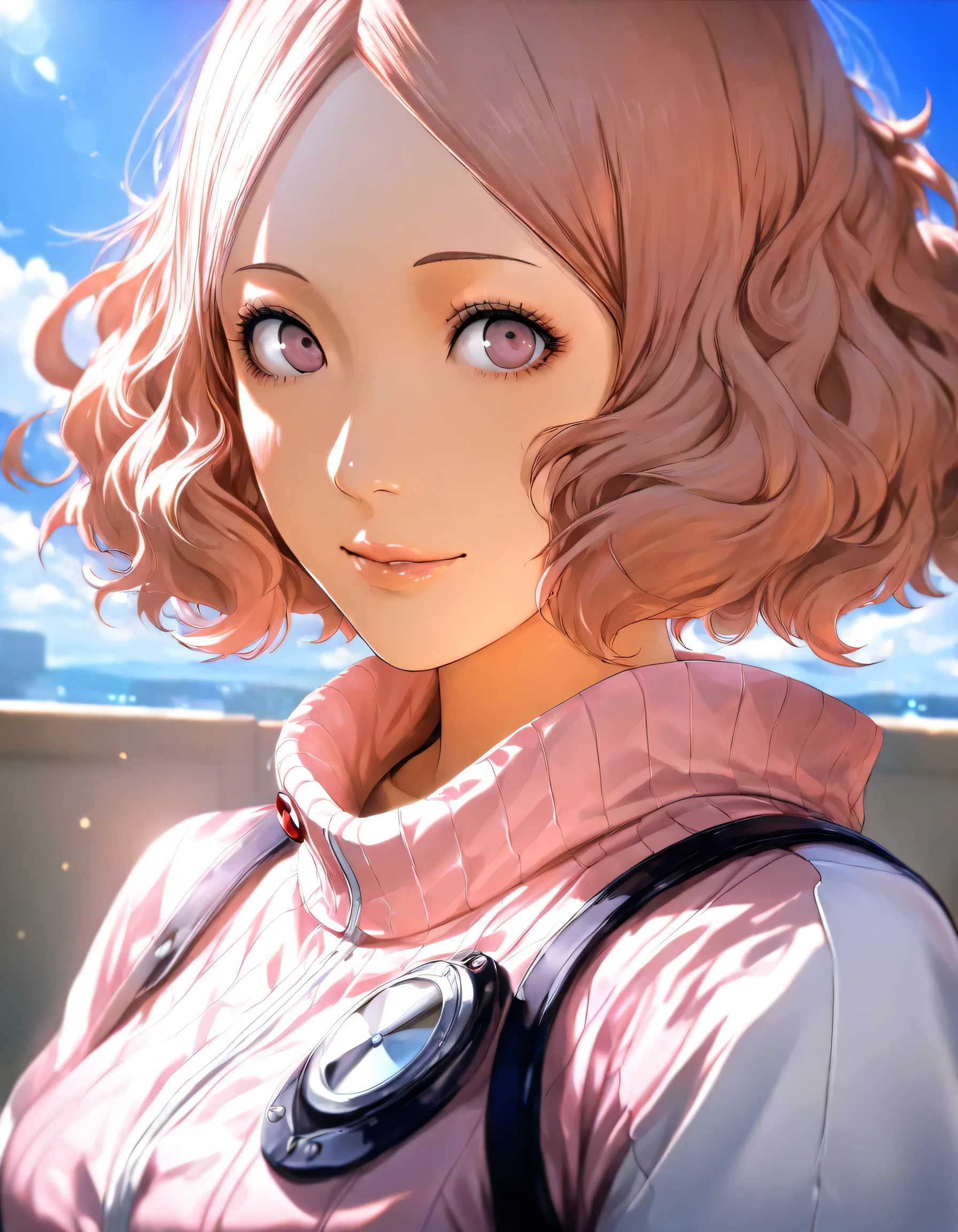 1girl, okumura haru, persona, year 2019, upper body, persona3 reload, blue sky, masterpiece, high score, great score, absurdres, 16k, Ultra detailed, (photorealistic : 0.5)