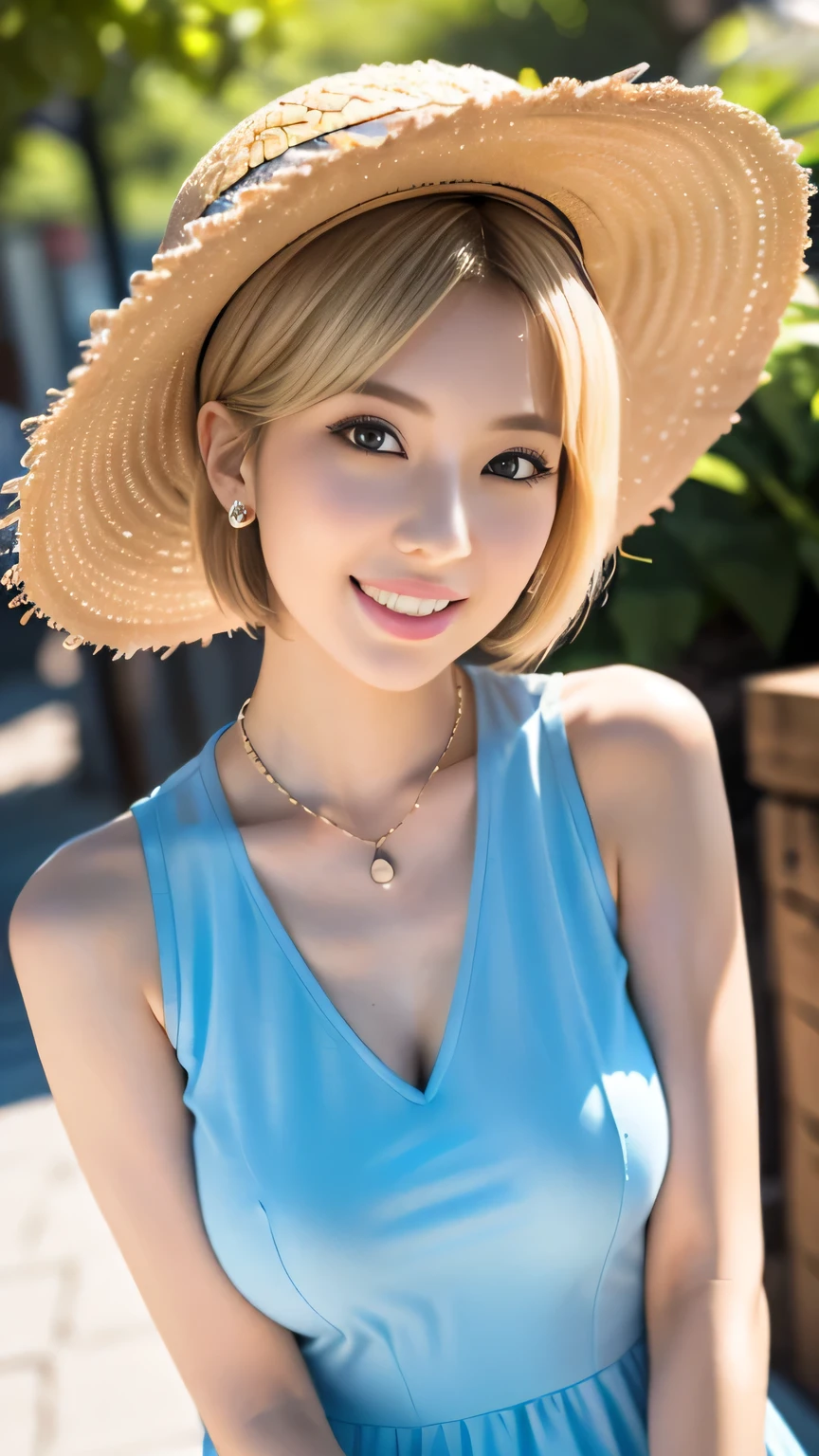 Faiyoeno-style, masterpiece, best quality, 1 Girl, 21 years old, Smile, Pink lips, Aqua eyes, Blue beret, Blonde Hair, Shut up, earrings, have, gem earrings, Jewelry, Looking at the audience, mini skirt, shirt, Blue cape, short hair, Solitary, Cowboy shooting, Put your hands behind your head, dim, dark, High contrast, Caustics 