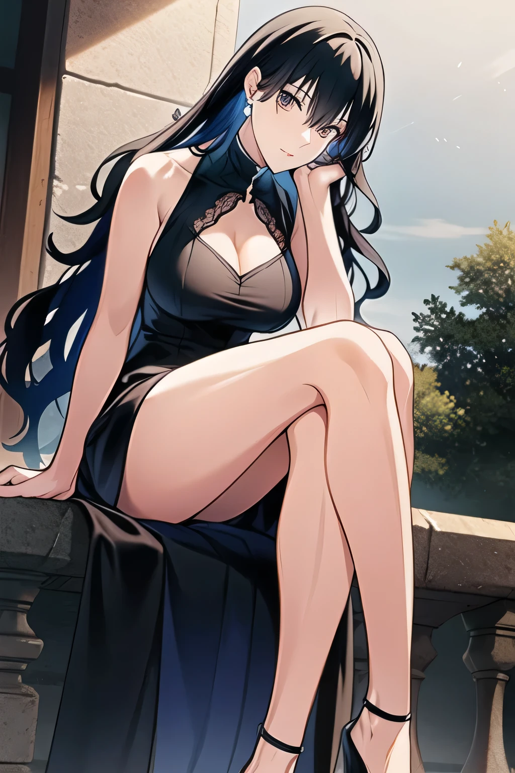 1 milf,high heels, bare legs, sitting, sky, crossed legs, dress, long hair, black hair, solo, breasts, legs, night, blue eyes, water, bare shoulders, cloud, blue dress, full body, cleavage, large breasts, flower, night sky, hair ornament, rock, branch, onepiece, boa hancock