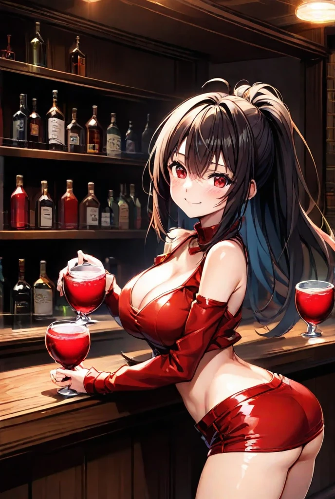 (from above:1.2),(from side:0.9), ((Face)), (Close-Up:1.0), masterpiece,"A 26-year-old girl stands at a bar counter. She is dressed in a stylish off-shoulder dress, sweater dress, off-shoulder sweater, red sweater,garter stocking, cleavage:1.1, midriff, black thighhighs, pretty girl, (highly detailed beautiful face and eyes,firm breasts),real skin,((black,hair,long pony tail hair)),thin pubic hair,cute and lovely pose, detailed eyes, This masterpiece is only visually stunning but also tells,(small breasts:1.0,under bust:1.1),(with sparkling eyes and a contagious smile),open mouth. The bar is beautiful, with colorful bottles of alcohol in the background and a soft glow from neon lights. The atmosphere is relaxed, and the girl looks confident and fashionable.",full body, sexy pose,make a cocktail , in the bar counter, Looking at Viewer,