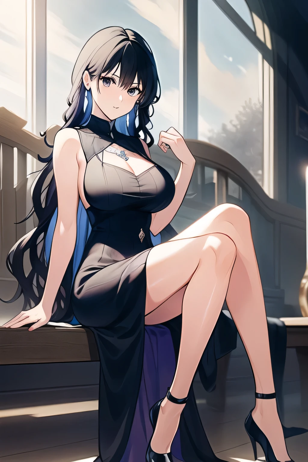 Greek milf woman, wearing a beautiful long black dress, short black hair, with luminous blue eyes, wearing a choker with a blue jewel, sitting on a marble bench in a large red grass garden
