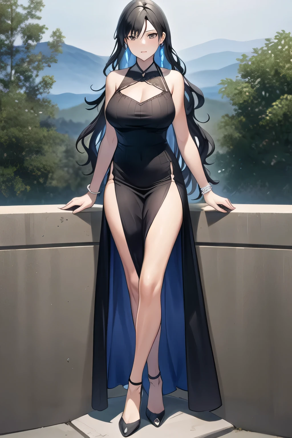 A girl with long black hair with white peekaboo highlights, white eyes, fair skin tone, slender and athletic built, elegant dress, detailed hair, detailed body, best quality, aesthetic, 8k