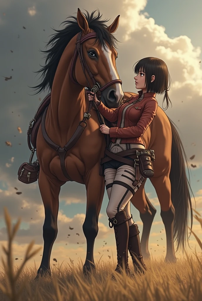 top-quality,Masterpiece,masterpiece,detail portrayal,Intricate details,Fine details,Best Quality,Beautiful lighting,skinny body shape,Slender body lines,Tall,Mikasa,A dark-haired,short-hair,Big beautiful eyes,Red muffler,Brown jacket,White shirt,Black pants,Green cloak,Riding a horse,ride horse,full bodyesbian,Depiction from head to foot,cowboy shot,Desolate land,Dark Face,