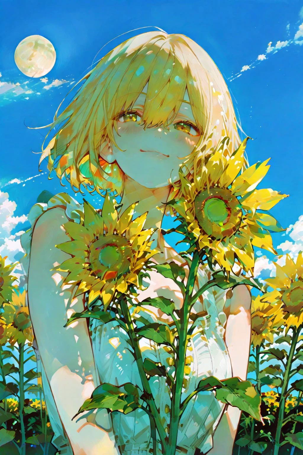 1 girl, ((raised huge round buttocks)), Wide A sunflower field in full bloom,Back view of a woman in Translucent white thong (underwear),long shot,wide view, commercial photography,award-winning photograph,(photorealistic),unity 8k wallpaper,(ultra detailed:1.3),(light_on_face:1.4),CanonEOS 5D MarkIV DSLR