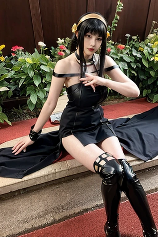 Yor Forger,yor briar,dress,black dress,black hair,hair ornament,flower,hairband,gloves,hair flower,fingerless gloves,black gloves,bare shoulders,gold hairband,weapon,holding,holding weapon,breasts,knife,sidelocks,dagger,red eyes,bangs,thighhighs,long hair,red lips,holding knife,two-sided dress,black thighhighs,jewelry,boots,sleeveless,lips,thigh boots,black footwear,cosplay,holding dagger,earrings,two-sided fabric,rose,sleeveless dress,high heels,1girl,sexy pose,best quality,masterpiece,illustration,an extremely delicate and beautiful,CG,unity,8k wallpaper,Amazing,finely detail,masterpiece,official art,extremely detailed CG unity 8k wallpaper,incredibly absurdres,huge filesize,ultra-detailed,highres,extremely detailed,beautiful detailed girl,realistic,full frontal,outdoors,light contrast,<lora:Yor Forger:0.8>,<lora:ZOE:0.8>,