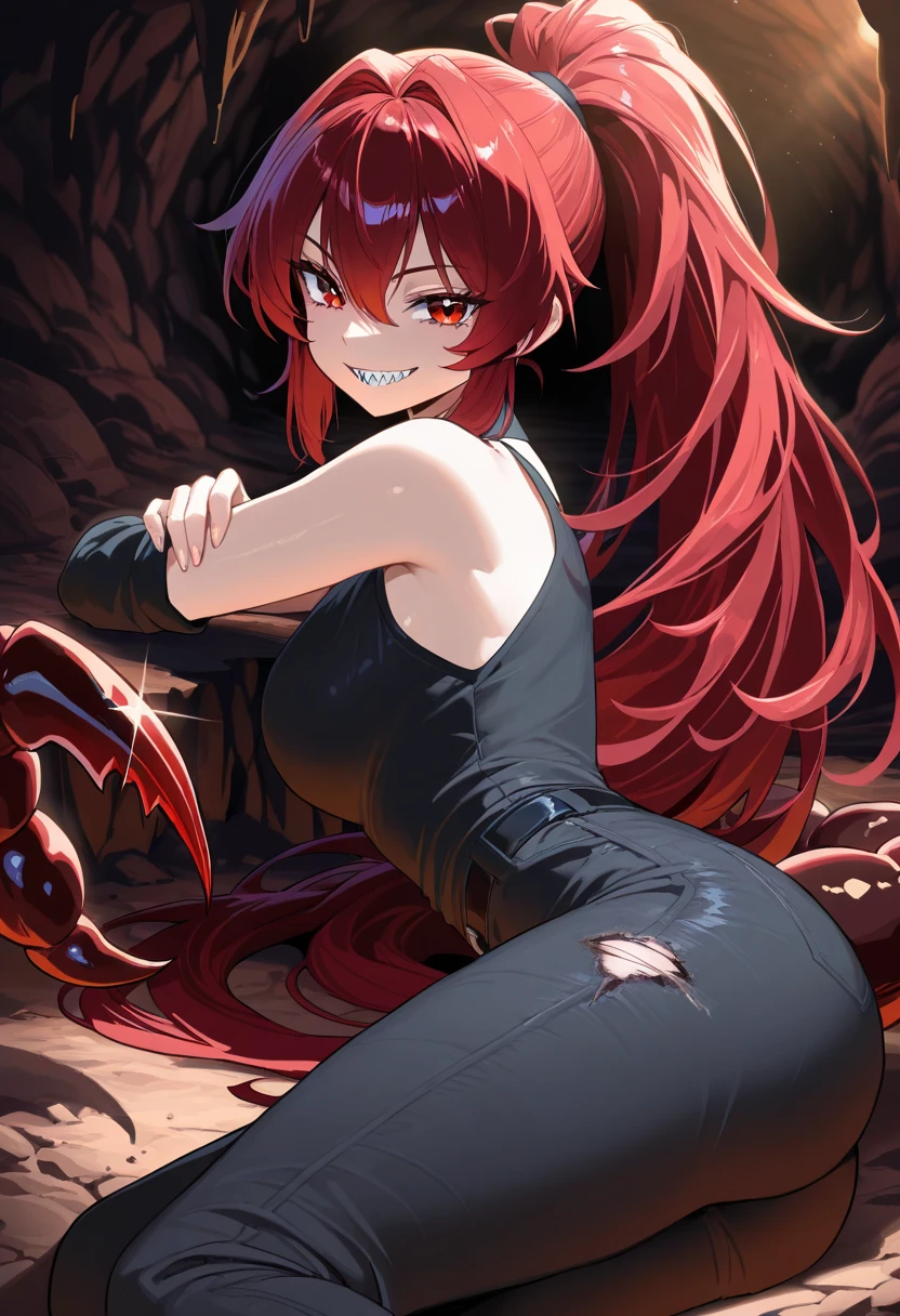 girl, Red hair, twin tails, glowing red eyes, slender frame, demon, (exposed rib cage), (protruding hip boneurry tail, digitigrade legs, kneeling, showing anus, focus on rear