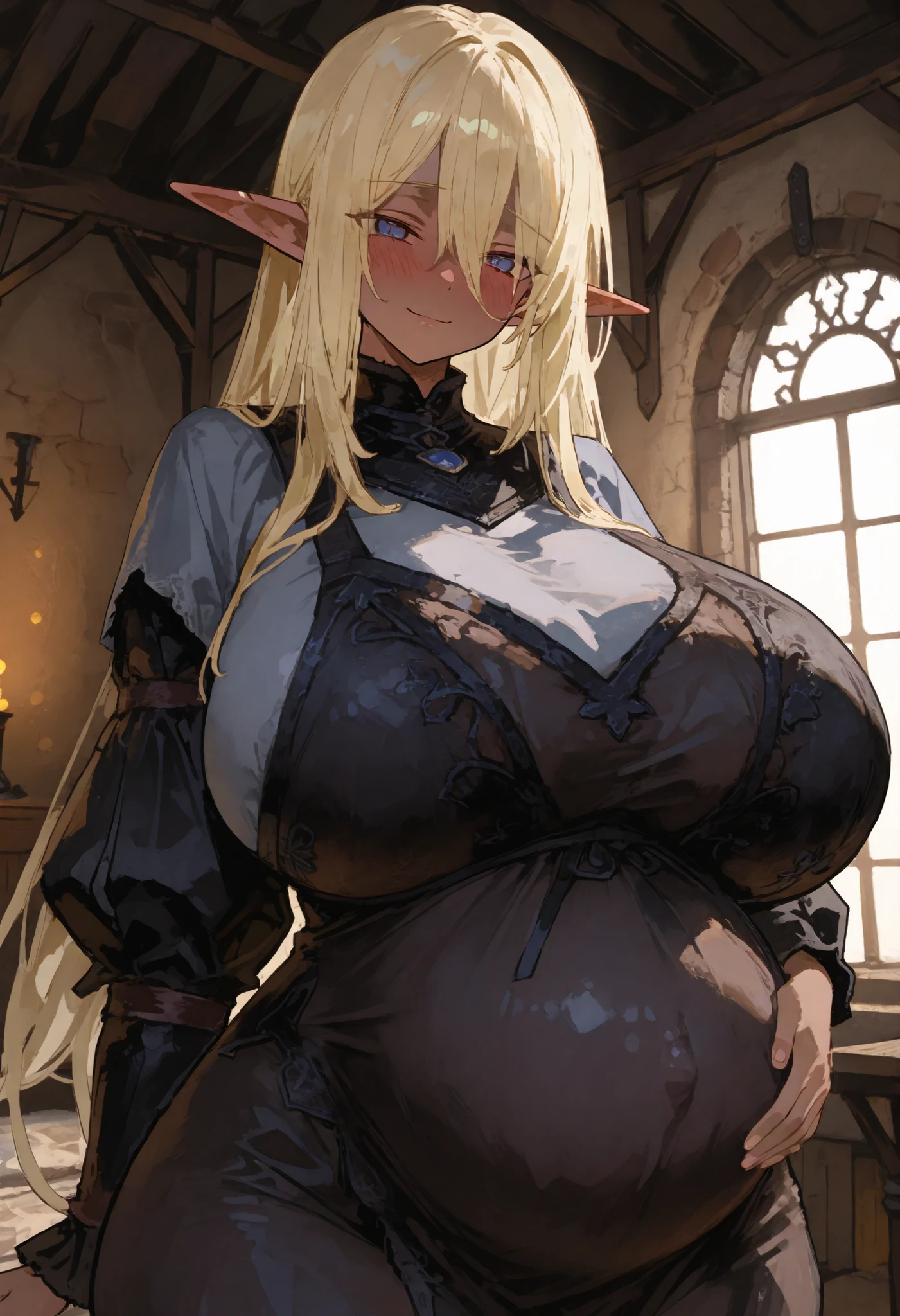 (Best quality), (high resolution), (detailed),1woman, chubby elf girl, clothes, dark fantasy, two braids
