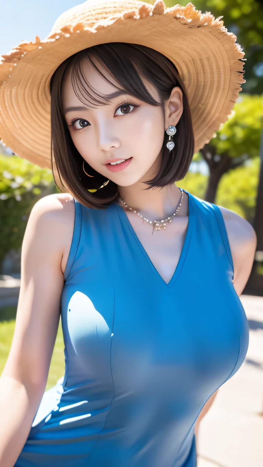 ((((highest quality))))、(((Ultra-precision CG16K wallpaper)))、(((masterpiece)))、(((Super detailed)))、(((Extreme detail)))、((1Mature 29 year old woman:1.6))、((Very beautiful Japan face of a person))、((Urizane Face:1.6))、((Short bob straight hair、blunt bangs:1.3))、(Shiny brown hair)、A delicately drawn beautiful face、eyeliner、Eyeshadow、High nose、Small nostrils、Small Mouth、Seductive lips、Beautiful breasts、((C cup size breasts))、Cleavage、Beautiful feet、eight-headed body、Perfect proportions、Perfect Anatomy、Perfect composition、Beautiful detailed shading、Beautiful, natural lighting、Beautiful detail glow、Depth of written boundary、(((High chroma)))、(((Real:1.9)))、((vivid:1.5))、((Beautiful Skin))、((Skin Texture))、((Realな皮膚感))、(((Cowboy Shot:1.6)))、((front view、shoot from front、front low angle:1.6))、(((smile:1.7)))、((The woman is looking at this、looking at viewer:1.6))、Bright daylight、Natural light、(((Ocean、Mountain、null:1.5)))、(((Light blue and beige striped sleeveless mini dress with drawstring:1.6)))、((necklace、Wearing earrings:1.5))、((Knee socks clothing:1.3))、