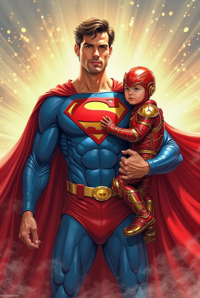 Make a bald and strong man
in superhero outfit
with child on his lap
ultra realistic photo, qualidade 8k, fullhd