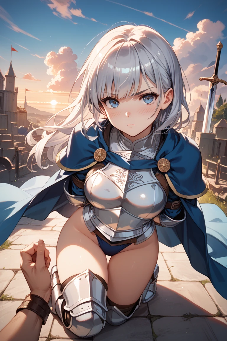 Female Hero、chest up shot,embarrassed, blushed cheek, Armed with swords and shields、bikini-armor、tie side togs, light helmet, The armor is white metal with gold trim、Bikini armor is made of transparent material with shiny gold paint, ultra cute, innocent girl, sparkly pupils, perfect body, medium large breast, thin eyeblow, round face, translucent skin , caring smile, drool, opened mouth, wet with sweat, broken and torn costume