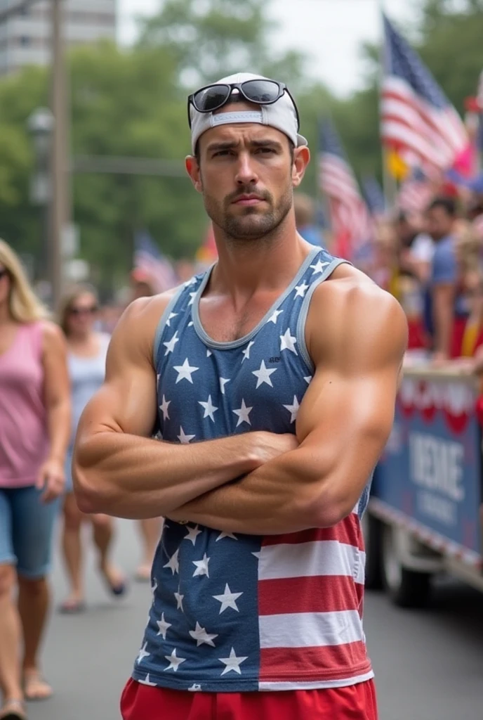 1 man, Beautiful eyes and face details, shirtless, nice body and defined muscles, best quality, Close-up, toned body, (male model) hot skin, master piece, Best qualities, Most beautiful man in the world, Handsome Man with American Flag on his background, full body shot,