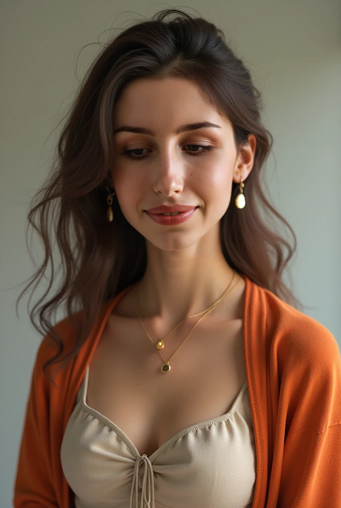 Half-length glamour portrait, nikon D850, f1.6 lens, 200mm, DSLR, 22 Megapixels, (((Outside villa scene))), shot of a stunning 20 years old portuguese girl, (smile:1.4), (wearing brown Pantsuit set with Vivid orange silk blouse:1.6), ((seductive pose)), hot girl, (((big natural breasts))), (((brown ponytail hair))), (small girl), symmetrical face, photorealistic, photography, (bright natural lighting), gorgeous, deep cleavage, (masterpiece), best quality, high resolution, extremely detailed, cinematic lighting, (((very narrow waist))), rich colors, hyper realistic, lifelike texture, ((jewelry)), (((She has beautiful hands and wears rings))), (bracelet), (necklace), (ankle chain), (nail polish) (earrings), Fuji Superia 200, 8k
