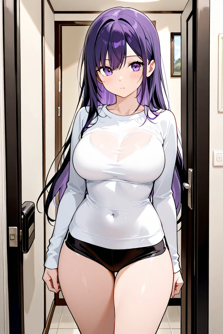 <lora:SaeYeon_SSG:1> saedef, blue hair, yellow eyes, long hair
standing, upper body, looking at viewer, thighs, t-shirt, grey shirt, dress with t-shirt, oversized clothes, arms at sides, light smile,
masterpiece, best quality,
