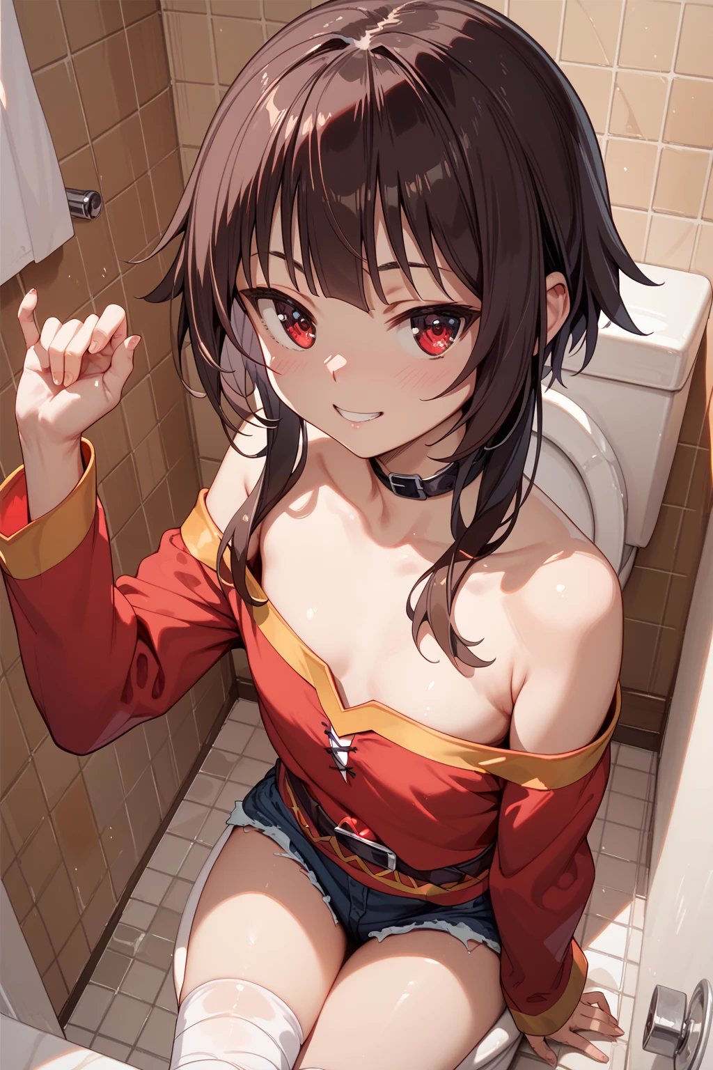 Megumin, one person's,alone,Short and long hair,Brown Hair,Red eyes,Small breasts,clavicle,Thin legs,Red dress,Gold frame,Black choker,Leg bandage,Black panties,Sitting shyly,Put your hands behind your back,Spread your legs,I flipped up my skirt,洋式toilet,toilet,個室toilet内,